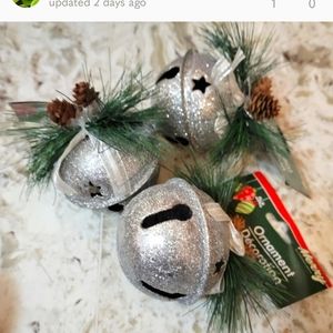 4 Large Bell Ornaments Silver Glitter